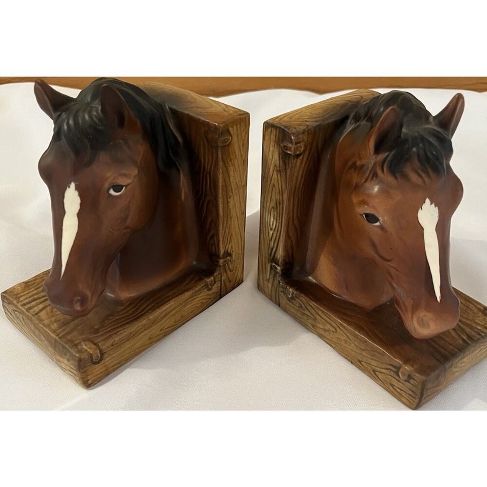 Lefton Horse Head Bookends Hand Painted Wood Vintage Decor